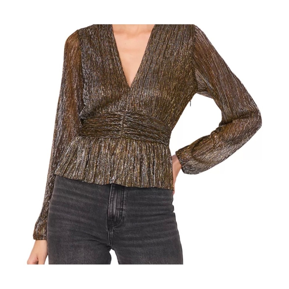 Parker NY Metallic Gold Black Plisse Peplum V-Neck Blouse Top Size M